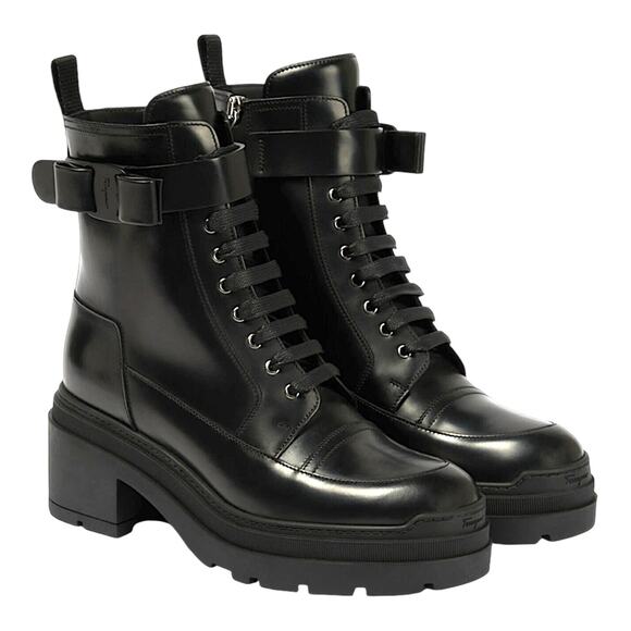 Salvatore Ferragamo Vara bow Lace Up Leather Combat Boots Black Size 9.5 - Picture 1 of 16